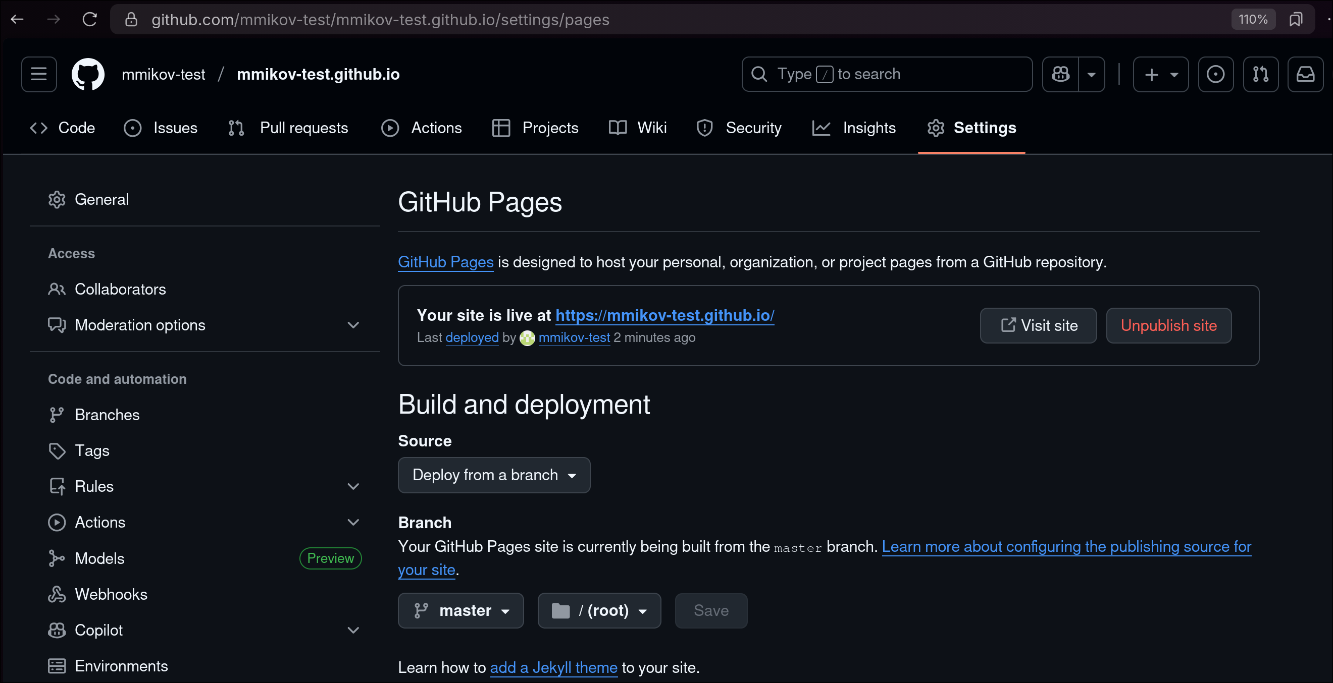 github pages settings