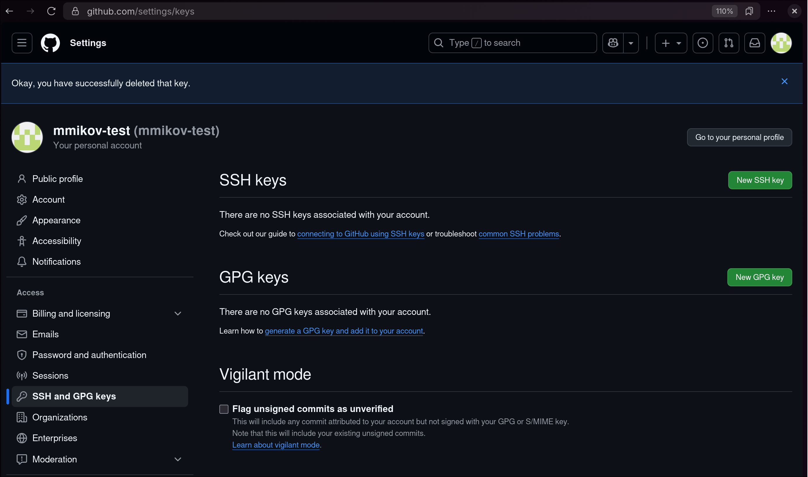 ssh keys page